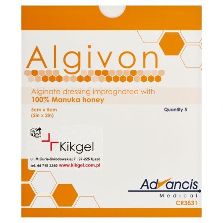 Algivon, opatrunek alginianowy nasączony 100% miodem Manuka, 5 cm x 5 cm, 5 szt.
