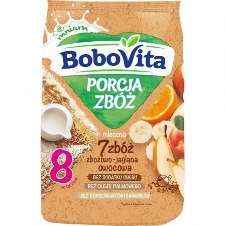 BoboVita Porcja Zbóż, kaszka mleczna - 7 zbóż, jaglano-owocowa, 210 g