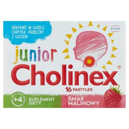 Cholinex Junior, pastylki do ssania o smaku malinowym, 16 szt.