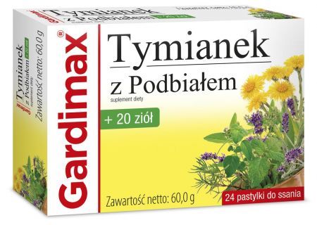 Gardimax Tymianek z Podbiałem +20 ziół, pastylki do ssania, 24 szt.