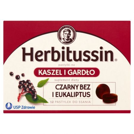 Herbitussin Kaszel i Gardło, pastylki do ssania o smaku czarnego bzu i eukaliptusa, 12 szt.