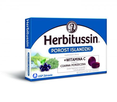Herbitussin Porost islandzki + witamina C, pastylki do ssania o smaku czarnej porzeczki, 12 szt.