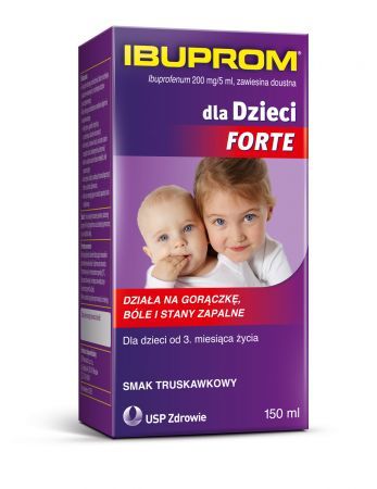 Ibuprom dla Dzieci Forte 200 mg/ 5 ml, zawiesina doustna o smaku truskawkowym, 150 ml